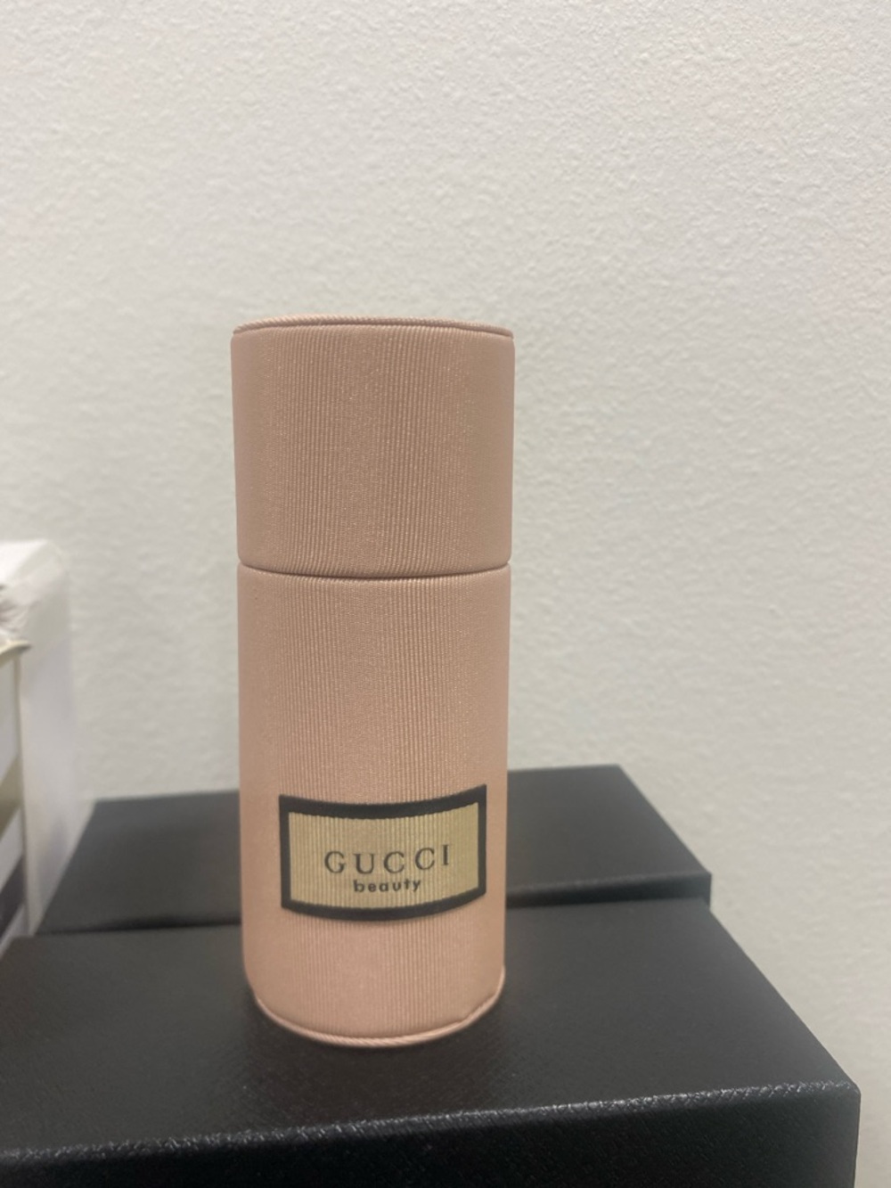 Gucci Beauty GWP Pink Beige Cylindrical Makeup Case with Gold Label